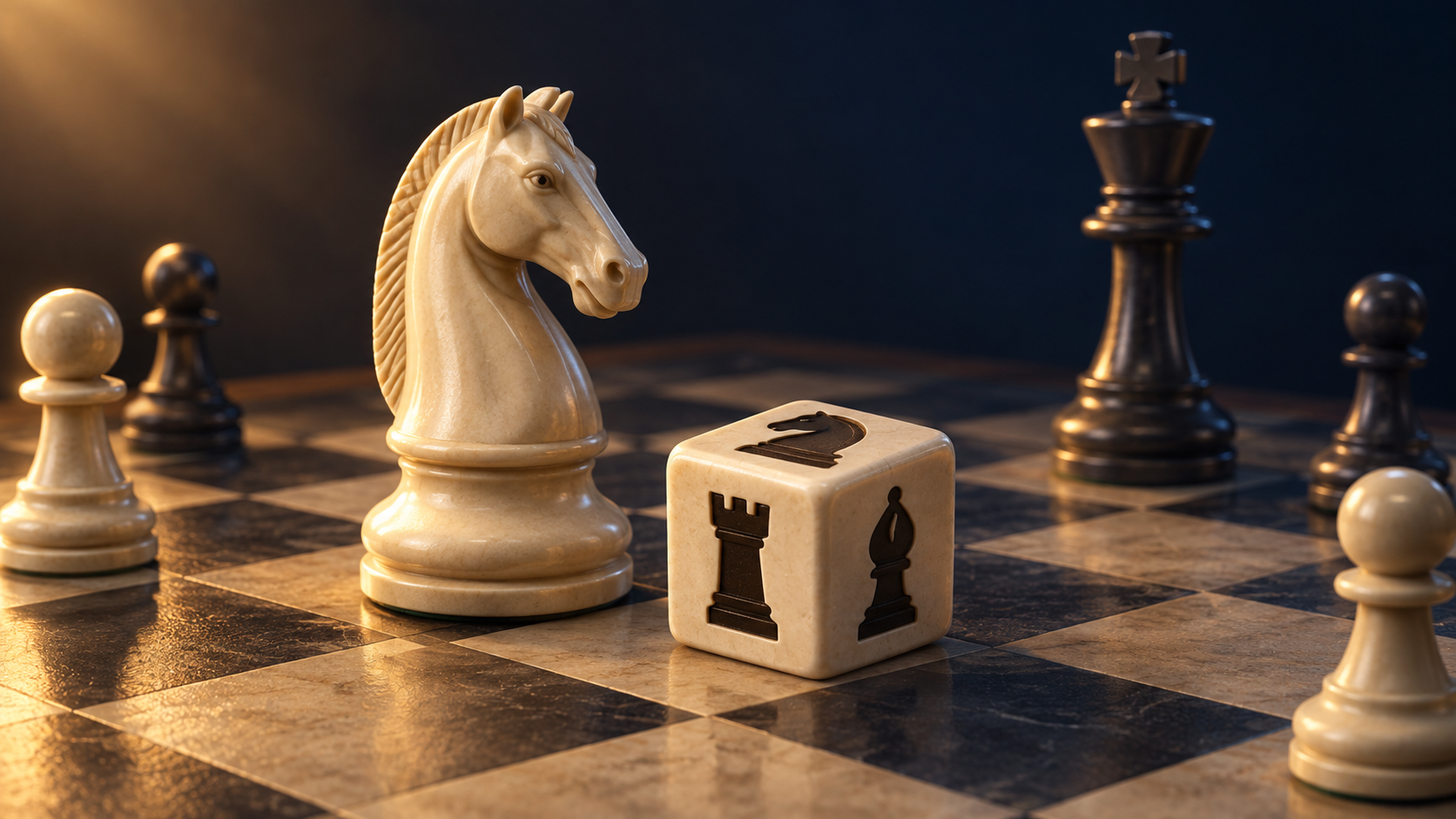 Dice Chess artwork: an ivory knight and a die engraved with chess pieces on a dark chessboard