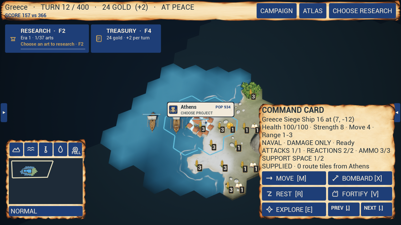 Command card for a Greek siege ship anchored beside Athens