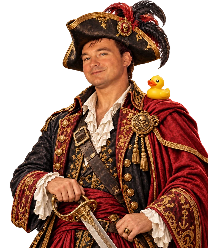 The Jacobian Pirate in a plumed tricorn hat and a red-and-gold brocade coat, one hand on a cutlass and a yellow rubber duck on his shoulder