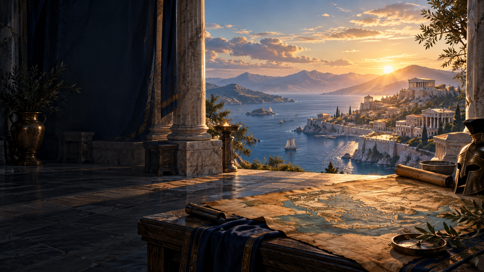 An ancient coastal civilization at sunset, seen across a map and marble terrace