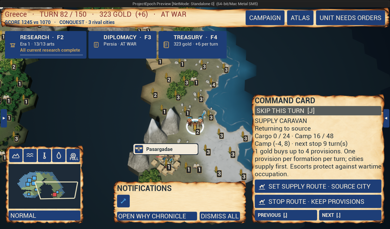 Actual Era One campaign: a returning Supply Caravan shows zero cargo and 16 provisions already stored in its forward camp.