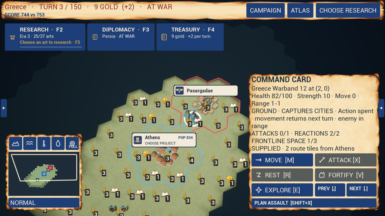 Project Epoch warfare map: a Greek warband’s command card open beside Athens, with the Persian city of Pasargadae in range