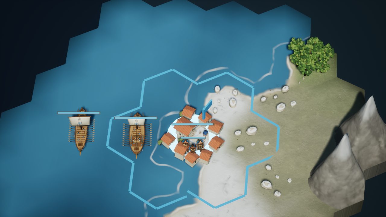 A siege ship leaves a young coastal city and sails out across the bay while a war galley stays at anchor